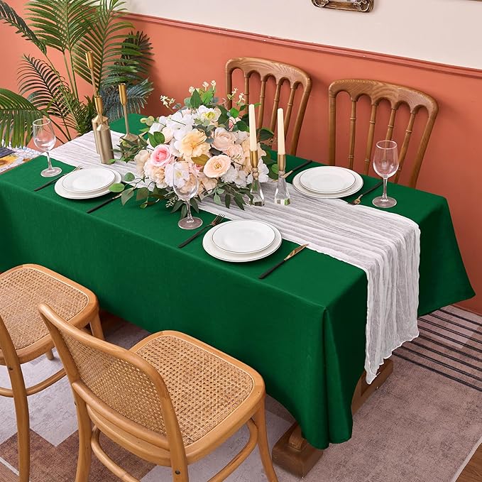 Fitable Faux Linen Christmas Tablecloths 2 Pack, Burlap Textured Table Cloth Rectangle, Decorative Table Covers for Winter Holiday Kitchen Dining Party Farmhouse (Hunter Green, 60 x 102 Inch)