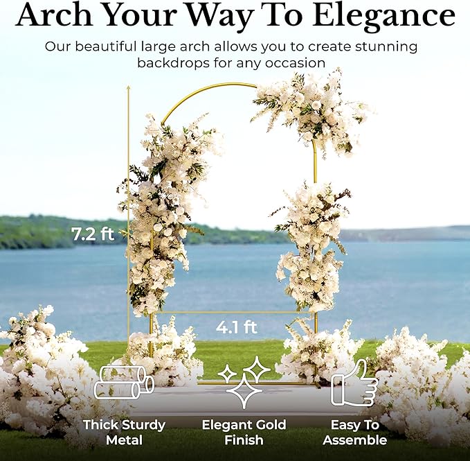 7.2FT Gold Wedding Backdrop Arch Stand with White Spandex Cover – Metal Frame, Water Weights & Storage Bag – Party, Birthday, Baby Shower, Bridal Shower, Wedding Ceremony, Photo Booth Decor