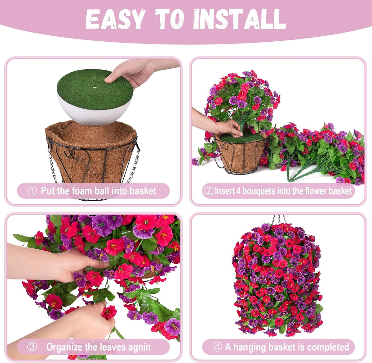 Artificial Flowers with Hanging Basket, Outdoor Faux Plants UV Resistant