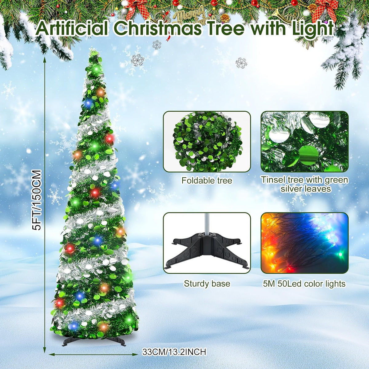 5Ft Pop Up Christmas Tree with Lights, Collapsible Pencil Tree Green Silver, Skinny Christmas Tree Slim Xmas Tree, Artificial Tinsel Tree Foldable for Home Apartment Holiday Party Winter Decor