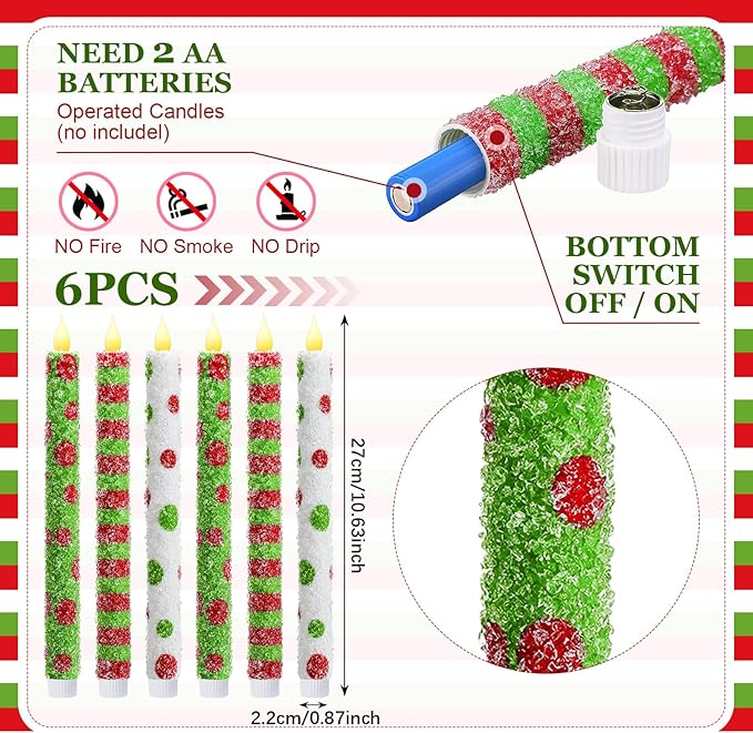 Baquler 6 Pcs Christmas Flameless Taper Candles 10.6 Inch Elf Theme Candles Battery Operated LED Christmas Candlesticks for Xmas Centerpiece Holiday Party Decor