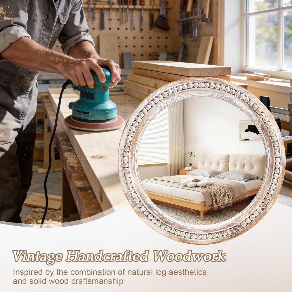 27 Inch Wooden Round Beaded Wall Mirror,Farmhouse Wood Round Mirror