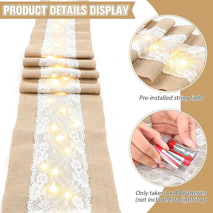 Xinnun 6 Pcs Burlap Table Runner with Lights 12 x 108 Inches Burlap Lace Table Runner Rustic Wedding Decorations Home Party (Flower)