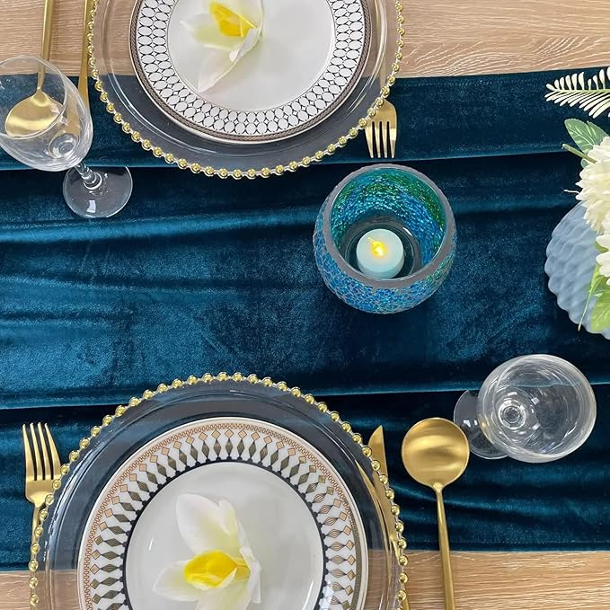 Luxurious Velvet Table Runner, 10ft Wedding Reception Decorations, 20x120inch Soft Velvet Fabric, Table Linen Overlay, Wedding Table Runners (Teal Blue, 20X120inch, 2pack)