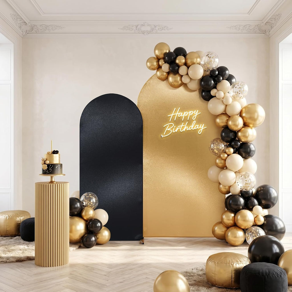 Reversible Gold Black Glitter Arch Backdrop Cover 2 Set 6/7.2FT, Double-Sided Sequin Shimmer Chiara Cover with Zipper, No Shed Stretchy Spandex Fit for Wedding Birthday Graduation Party Decor