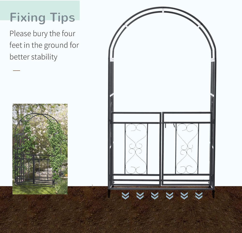 Outsunny 81" Metal Garden Arbor with Double Doors Locking Gate Arch Grey