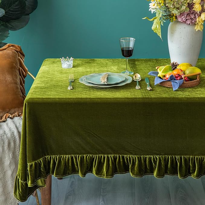 Velvet Tablecloth Luxurious Solid Rectangle Table Cloth,Oblong Retro Farmhouse Ruffle Tablecloths Washable Table Cover for Party Wedding Baby Shower Kitchen Dinning Tabletop Decoration