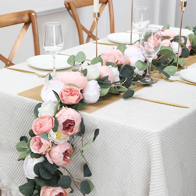 Floweroyal 2 Pack Artificial Flower Garlands 11.2FT Eucalyptus Garlands with Flowers 8 Head Peony Flower Vine Faux Floral Garland for Wedding Arch Table Wall Backdrop Wreath Decoration. (Pink & White)
