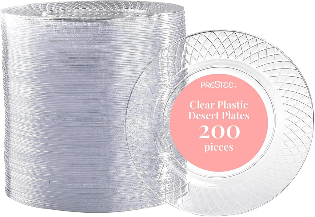 Prestee 200 Clear Dessert Plates - Disposable Heavy Duty, 6.25 Inch Elegant Wedding Cake Plates, Durable Round Party Plate for Appetizers and Events, Premium Small Plate for All Occasions