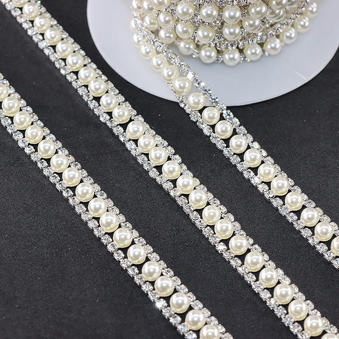 Jerler Rhinestone Trim Applique 5 Yards 2 Rows Crystal Chain Banding Diamond Inlaid White Pearl Beaded Rhinestones for Crafts Clothing and Bridal Embellishments Wedding Ideas Christmas Decorations