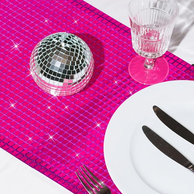 SquarePie Disco Table Runner 6 Pack - Hot Pink Mirror Sequin Glitter Foil Runner for Disco Party Decor Retro 70s 80s Theme, Bachelorette Birthday Dance Decoration 12x108 Inch (2 Pack)