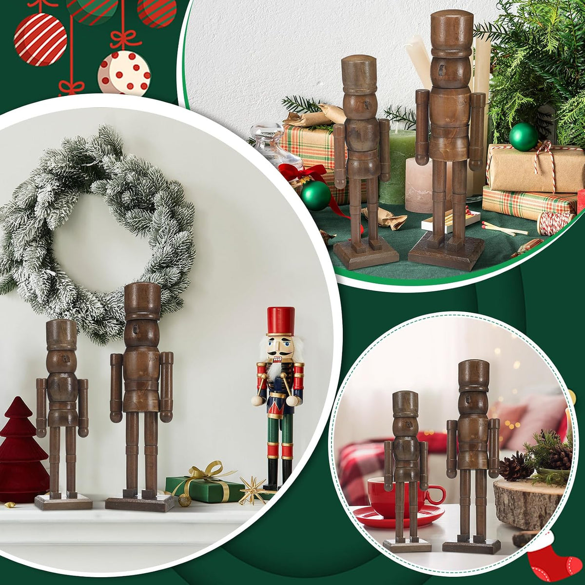 wonderjune 2 pack wooden nutcracker christmas, brown, 12 showing dimensions