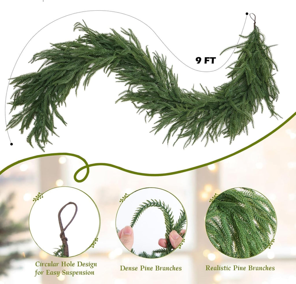 9FT Norfolk Pine Garland, Realistic Artificial Christmas Greenery Decor