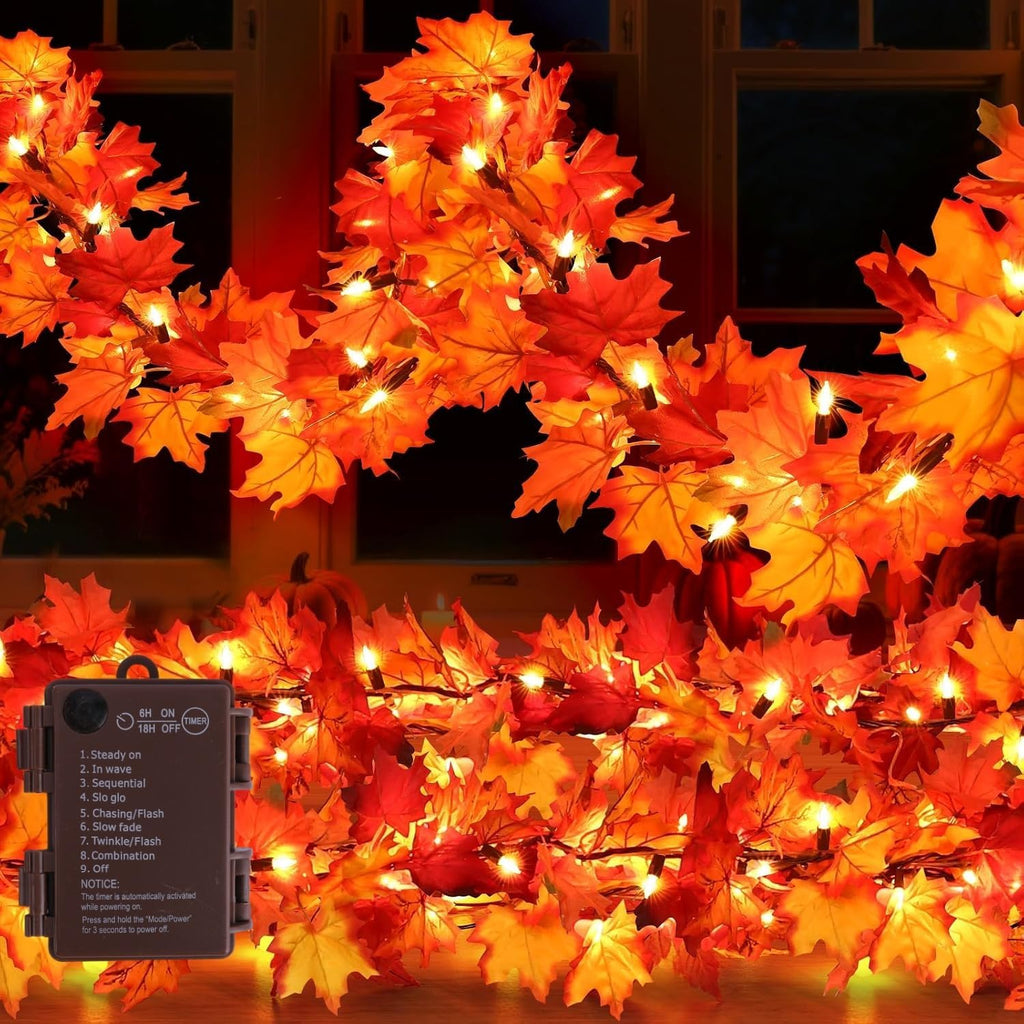 2 Pack 12Ft 50 LED Fall Garland with Lights,8 Modes Waterproof Battery Operated Fall Decorations Lights for Mantle Fireplace Table Indoor Thanksgiving Decor