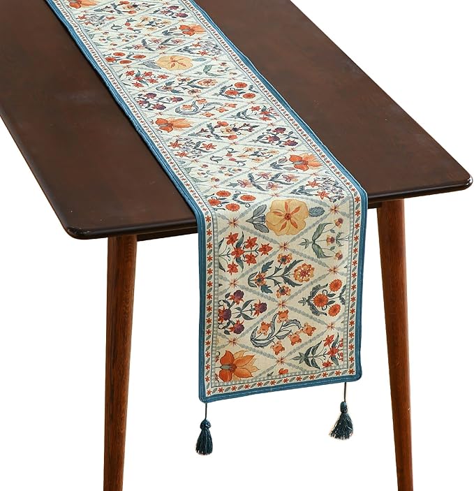 ISAENNE Designer Bohemian Elegant Linen Table Runner 102 Inches Long,Colorful Flower Pattern Table Runners for Dining Tables,Thanksgiving,Kitchen Tables,Christmas,12"*102"-Floralsea A