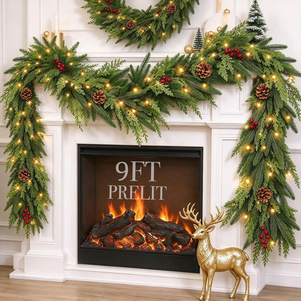 Pre-Lit 9 FT Christmas Garland with Lights Norfolk Cedar Garland Xmas Decor