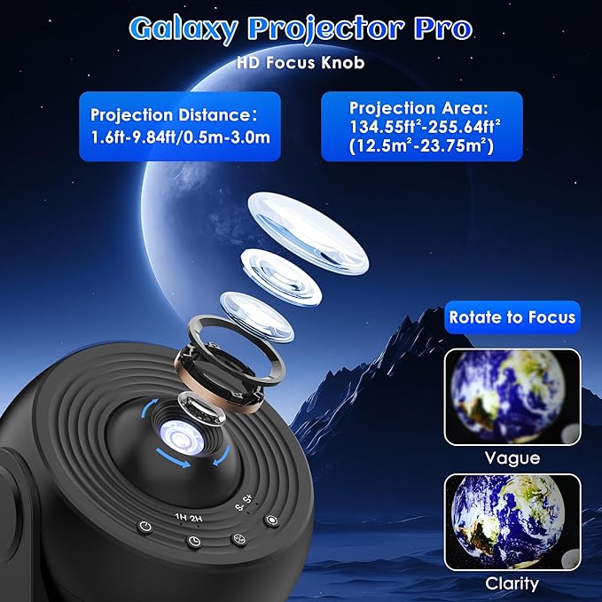 Galaxy Projector for Bedroom Pro Version, HD 12 in 1 Film Discs Star Projector with Bluetooth Galaxy Light, Planetarium Projector with Timer, White Noise, 360 ° Rotation, Remote Control，Black