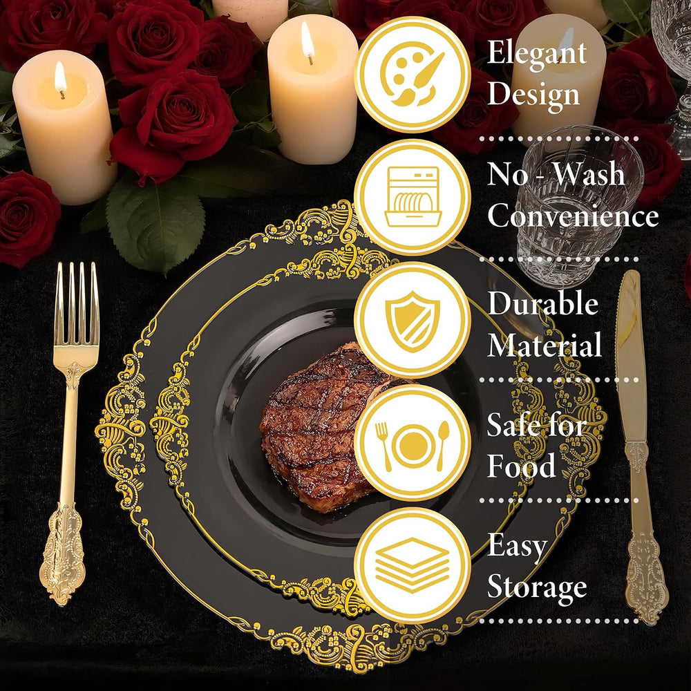Nervure 100Pcs 10.25'' Black Plastic Plates, Party Plates for 100Guests