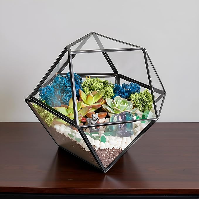 DIY 7" Geometric Terrarium Kit - Build Your Own Glass Terrarium for Adults & Kids with Moss, Crystals, Tools & Decorative Figurine - Mini Ecosystem - Handcrafted in The USA