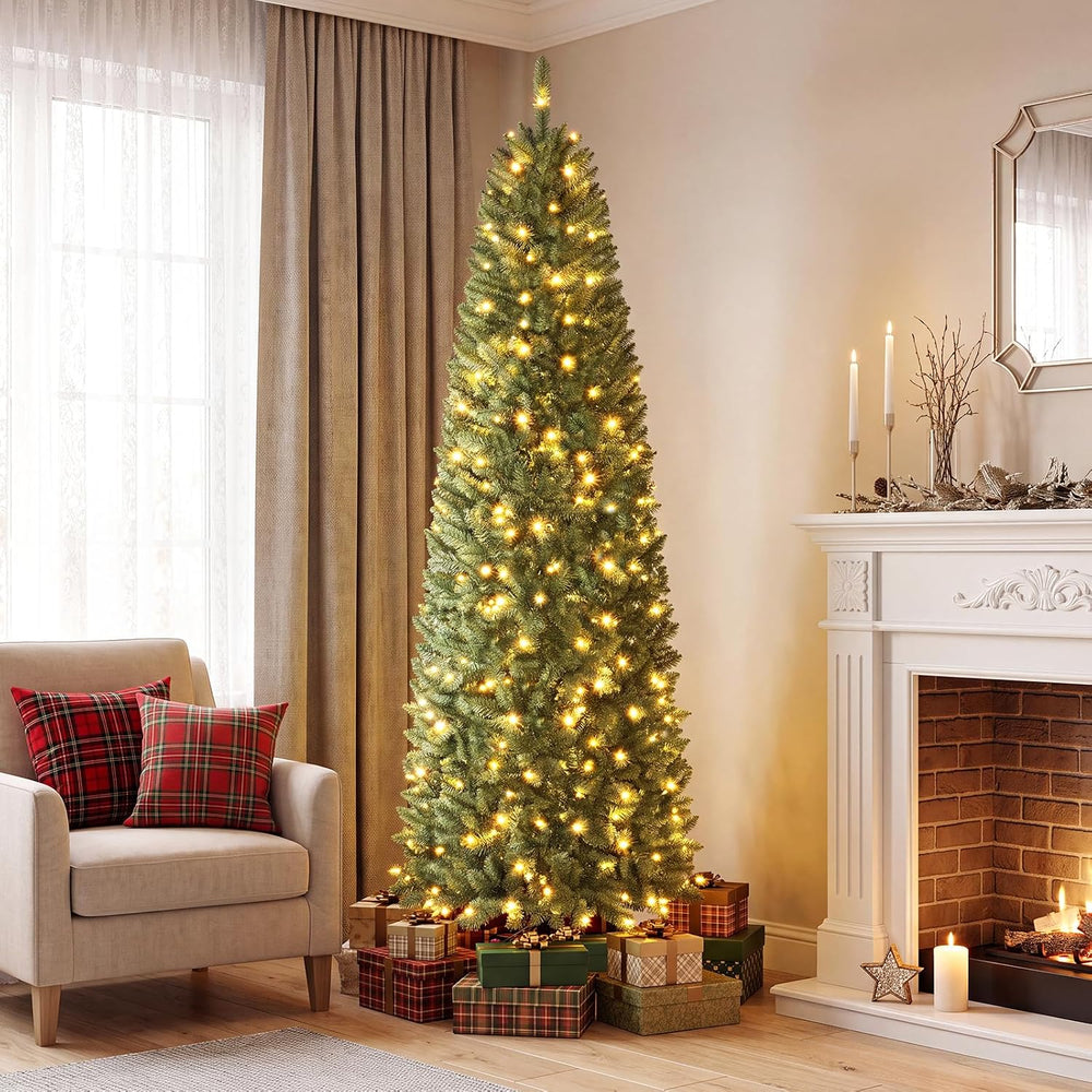 Goplus 7ft Pre-Lit Pencil Christmas Tree with 350 Warm White LED Lights
