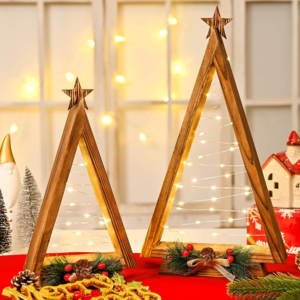 2 Pcs Triangle Tabletop Wooden Christmas Tree with Lights, Modern Farmhouse Rustic Christmas Decor, Small Lighted Xmas Tree for Kitchen Mantle Shelf Living Room(14.2" Large / 11" Small)