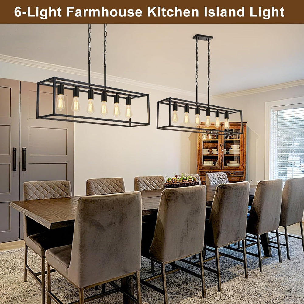 6 Light Black Chandeliers for Dining Room, Adjustable Height Linear Chandelie...