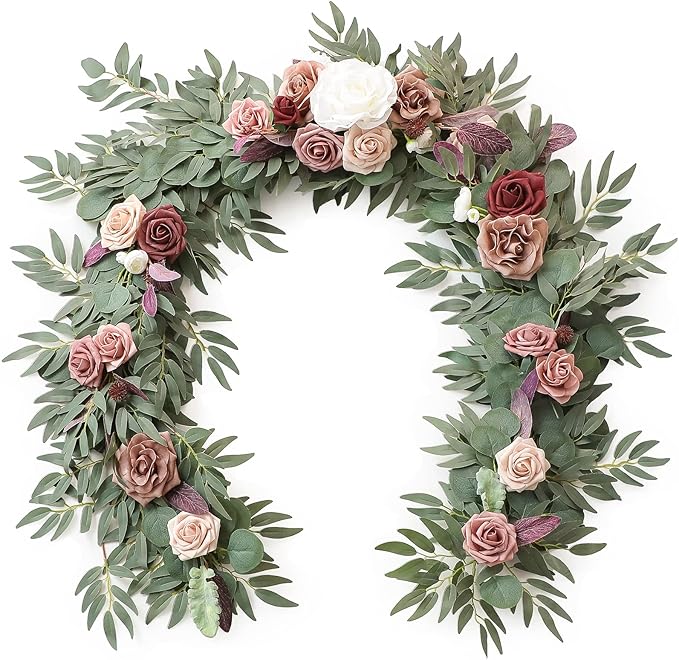 Floroom 6ft Artificial Eucalyptus Garland with Flowers Fake Greenery Faux Floral Vine Garland for Table Decor Wedding Centerpieces Bridal Shower Party Decorations, Dusty Rose & Mauve
