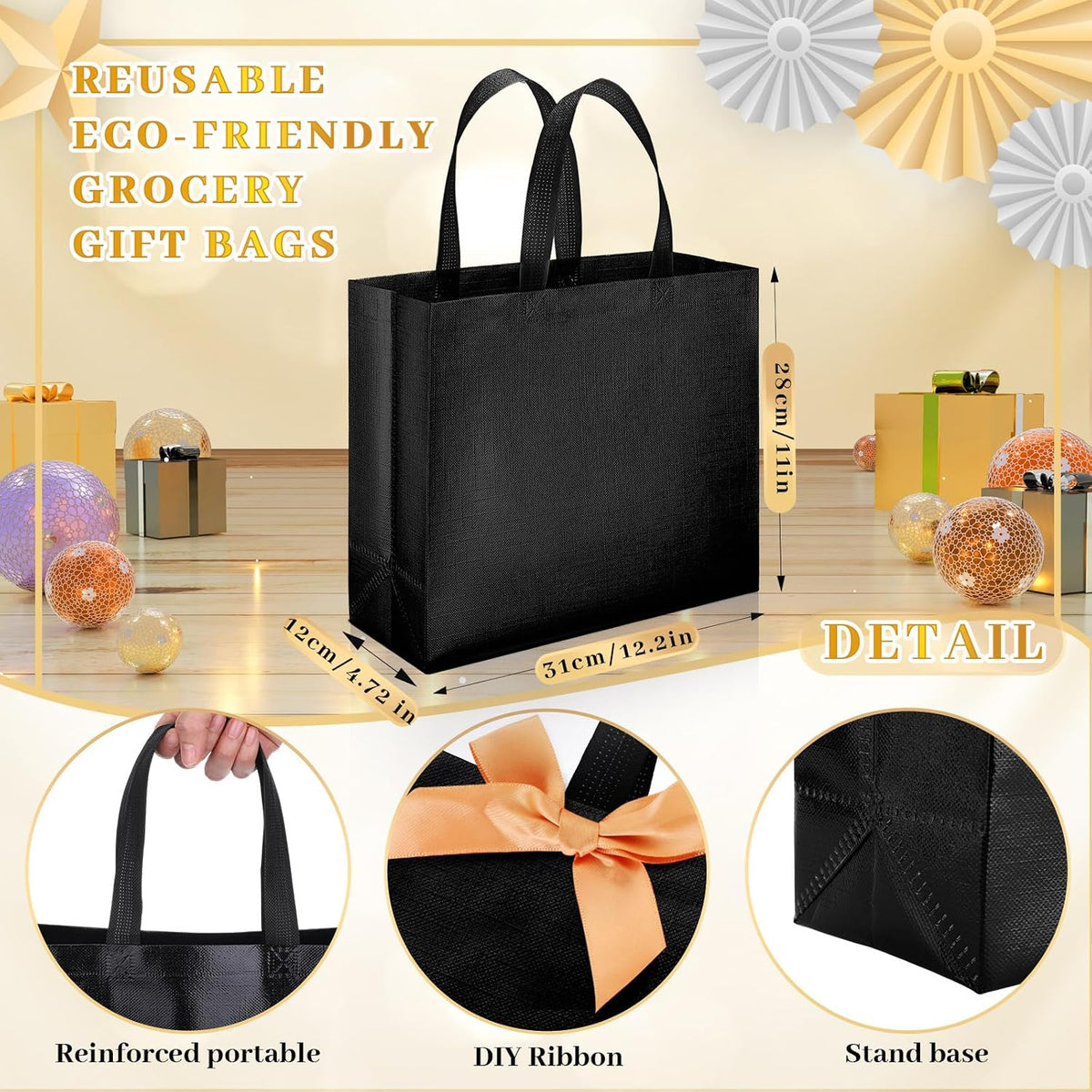 epakh 48 pcs black reusable gift bag with shown in use