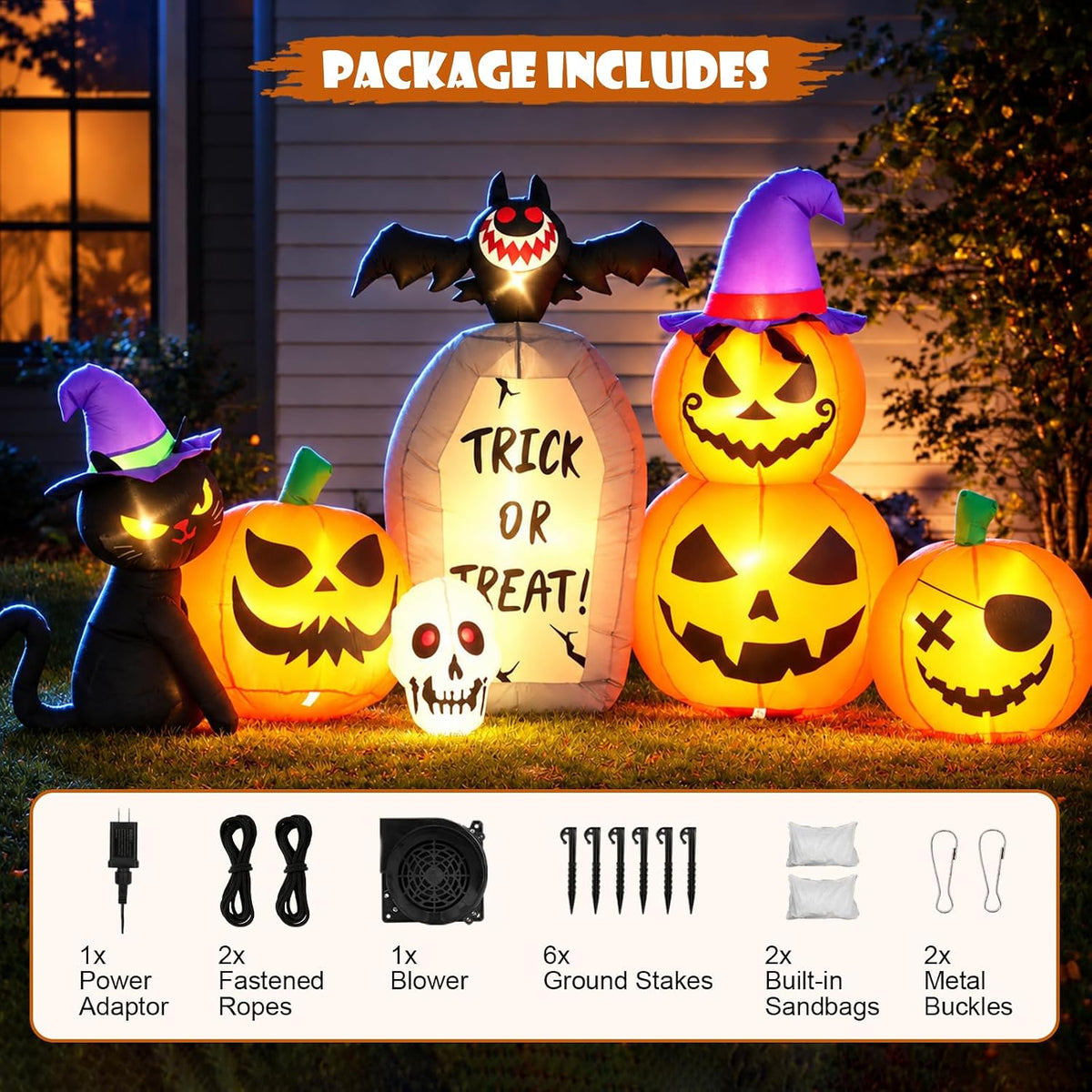 8ft halloween inflatable pumpkin outdoor decor with led, package contents