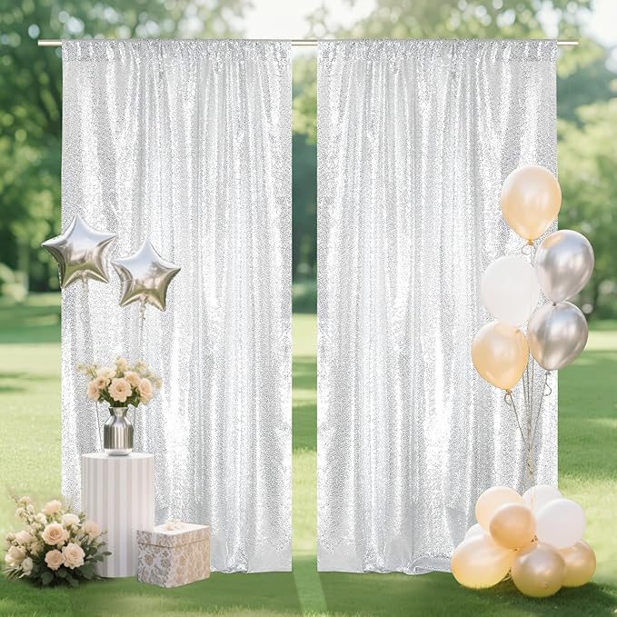 SquarePie Sequin Backdrop Curtain 8FT x 10FT Silver Satin Backing Fabric Photography Background for Wedding Patry 4FT x 10FT 2 Panels (2 PCS)