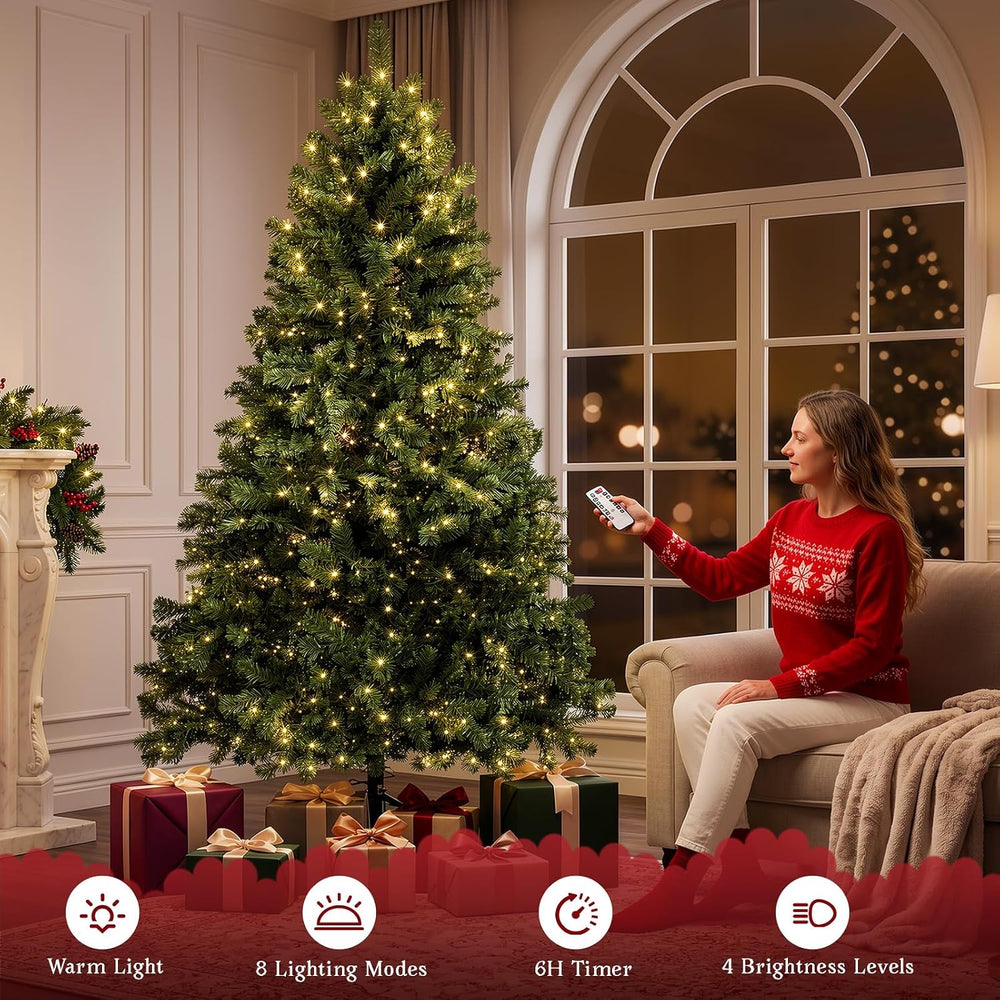 6FT Pre-Lit Artificial Christmas Tree, 300 LED Lights, 900 PVC Branch Tips