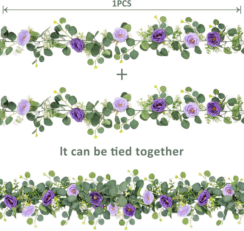 TOCHGREEN 4 Pack Artificial Eucalyptus Flower Garland with Purple Roses