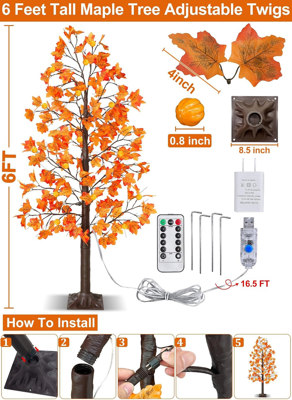 Remote Control&Timer - 6 Ft Lighted Prelit Fall Maple Tree 135 LED 8 Modes