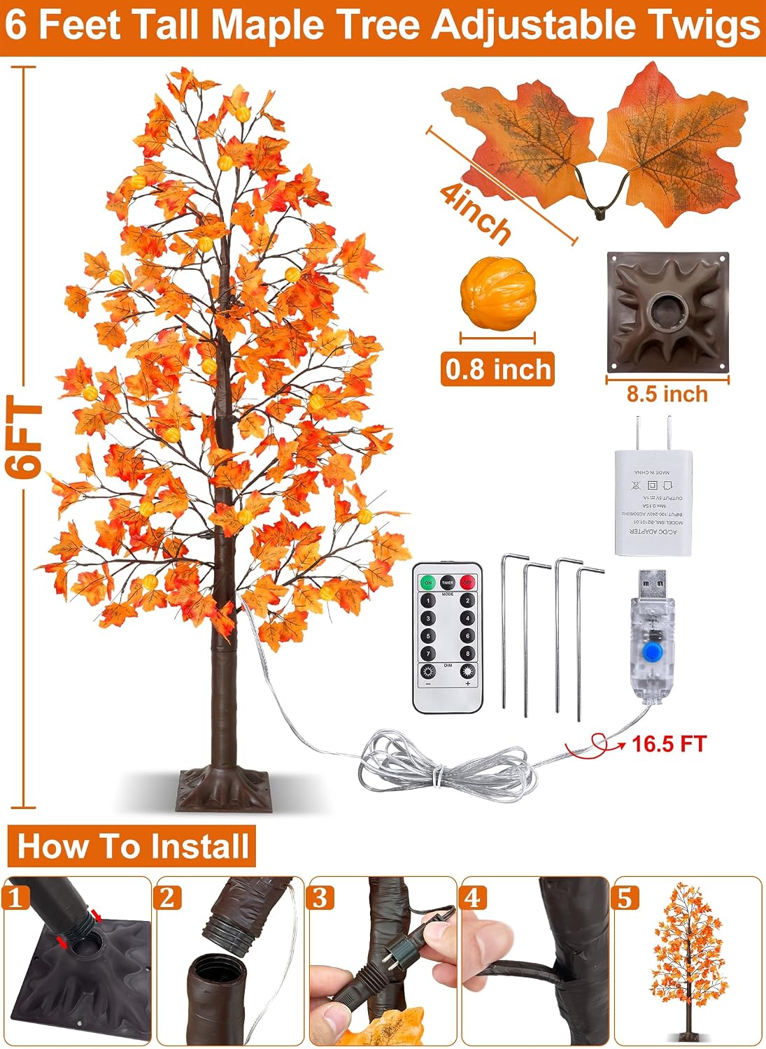 Remote Control&Timer - 6 Ft Lighted Prelit Fall Maple Tree 135 LED 8 Modes