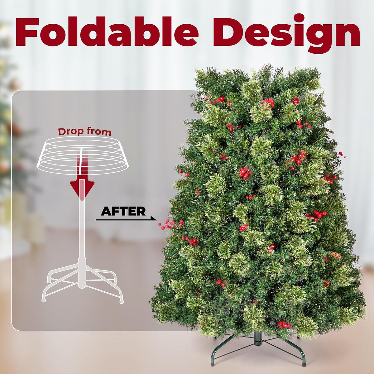 OasisCraft Christmas Tree, 6 FT Prelit Pop Up Christmas Tree with Lights, Artificial Christmas Tree Decorated with Berries and Pine Cones, Tall Foldable Tree with Metal Base, Green for Outdoor Indoor