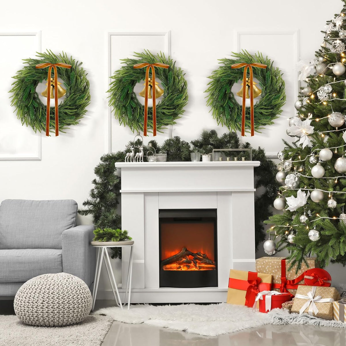 20 inch artificial christmas norfolk pine wreath, close-up detail