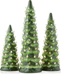 Casafield Set of 3 Hand Painted Ceramic Christmas Tree - Green Pre-Lit 8, 10, 12-Inch Trees with White Lights