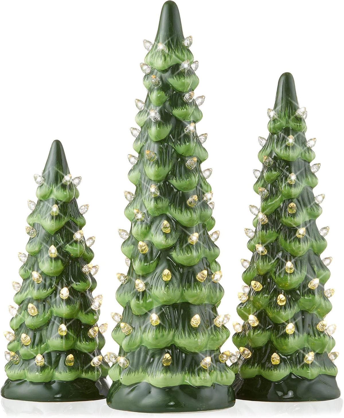 Casafield Set of 3 Hand Painted Ceramic Christmas Tree - Green Pre-Lit 8, 10, 12-Inch Trees with White Lights