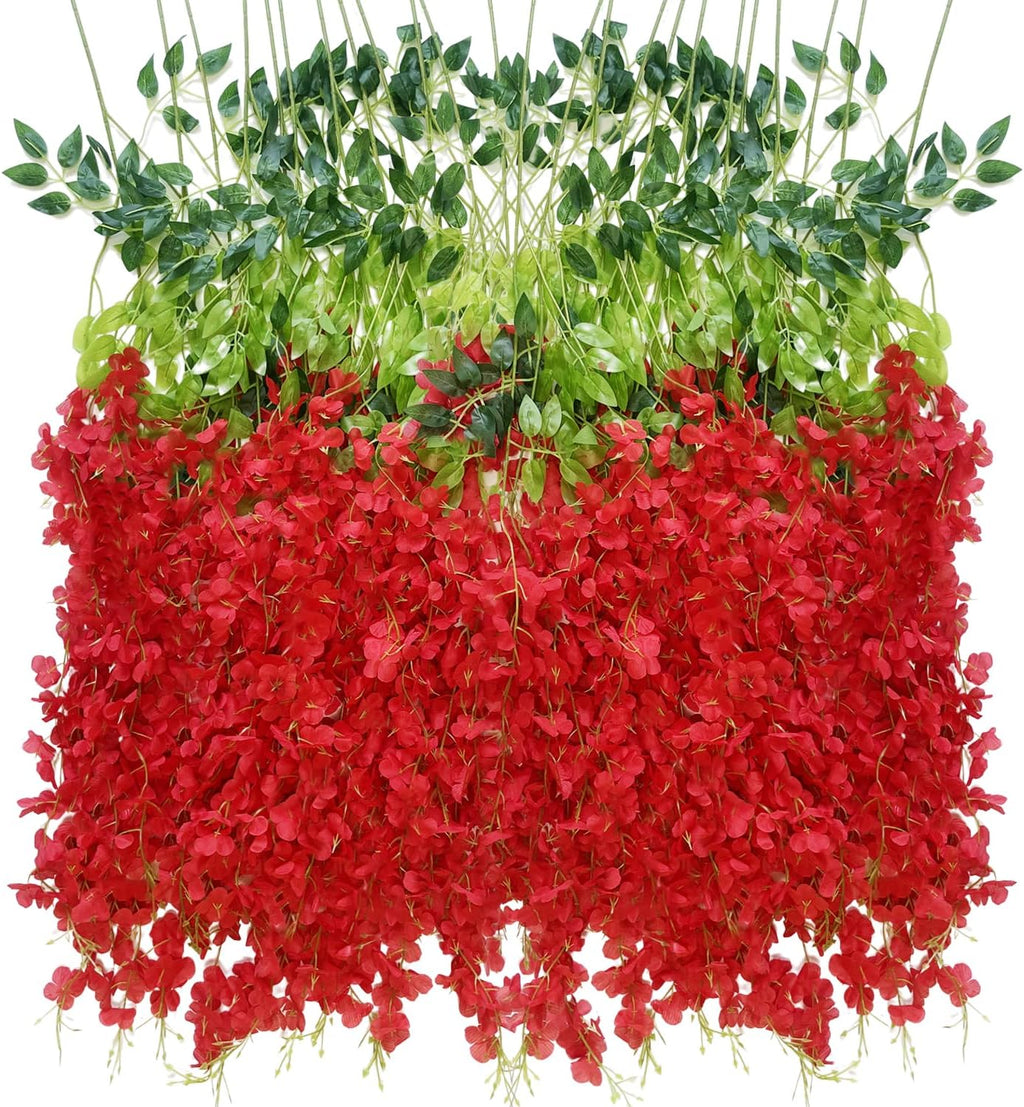 Artificial Wisteria Hanging Flowers Fake Wisteria Flower Garland Silk Vines Rattan Decor for Home Wedding Arch Wall Garden Greenery Bedroom Outdoor Office Party Decoration (36, Red)