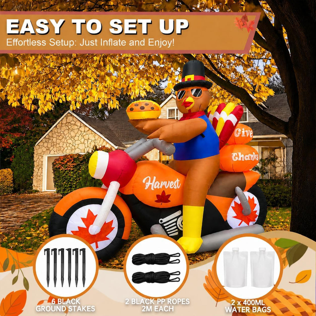 6.3ft long thanksgiving inflatable turkey riding motorcycle outdoor showing dimensions