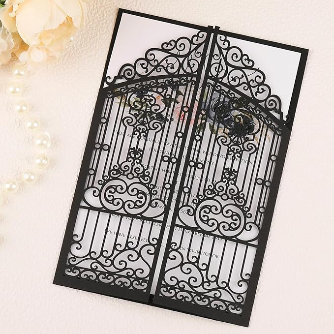 50Pcs Wedding Invitation Kit Black Fences Fold Laser Cut Invitation Pocket Personalized Wedding Card and Rsvp Card for Wedding Engagement Mermaid Birthday Party Invites