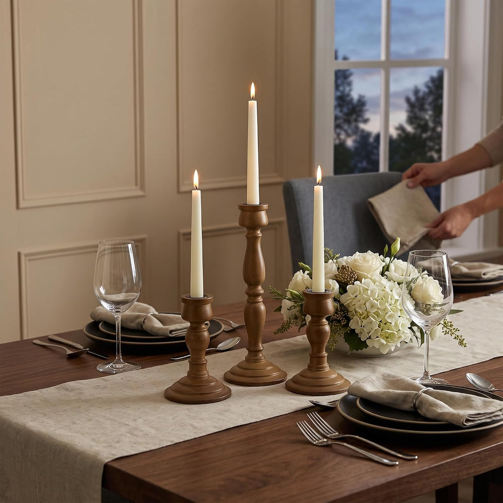 Wooden Taper Candle Holders Set of 3, Rustic Brown Farmhouse Decor