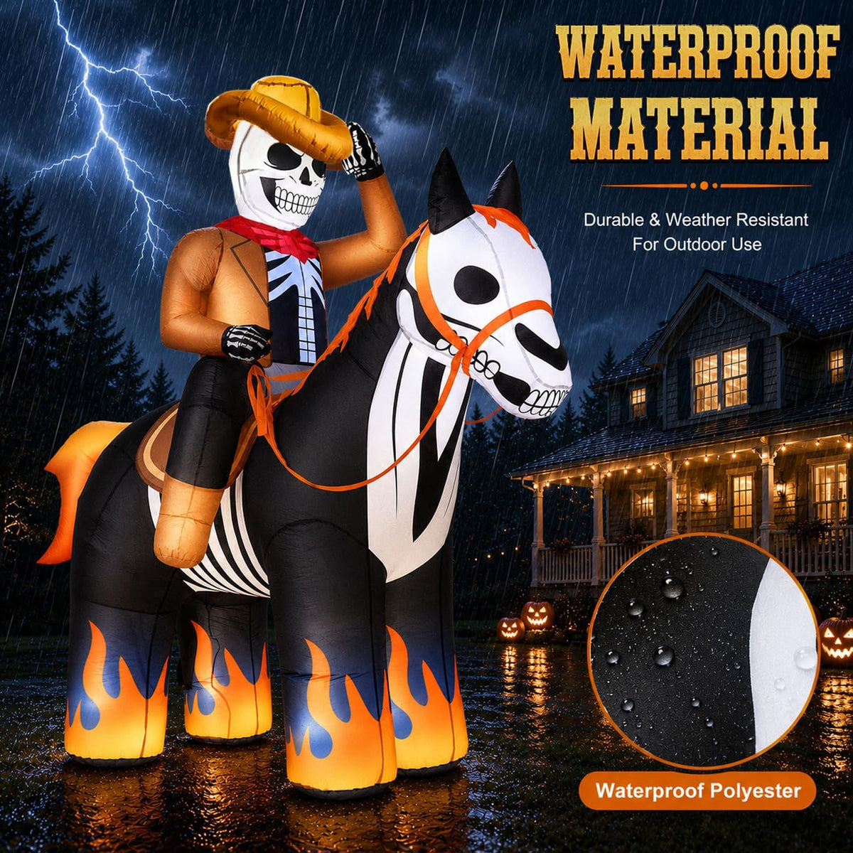 zukakii 7ft halloween inflatables decorations outdoor skeleton cowboy, side view