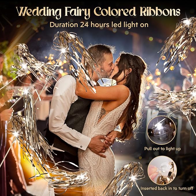 100 pcs Wedding Wands Light up with LED Tinsel Wedding Streamers for Wedding Send off and Greeting Ideal Props for Weddings, Birthday Parties, Christmas Cheerleading Games (Champagne)