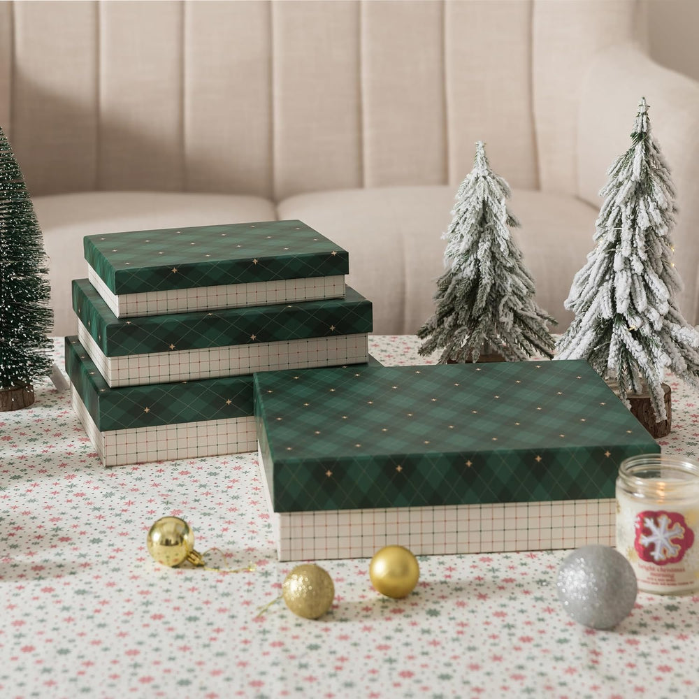 Soul & Lane - Check Christmas Gift Boxes with Lids, Set of 4, Holiday Boxes