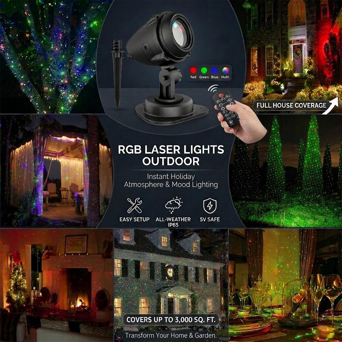 Laser Christmas Projector Lights, RGB 3-Color Moving Star Effect, Aluminum
