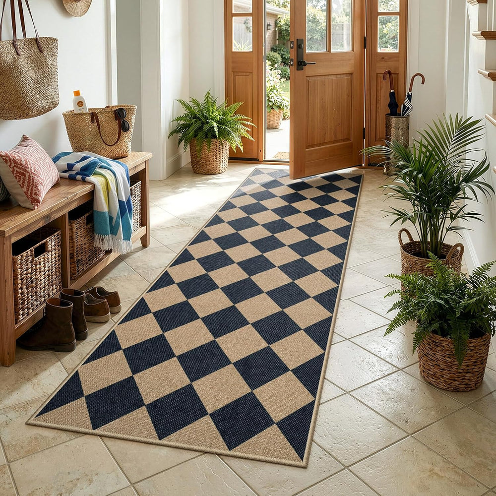 Lahome Checkered Easy Jute Non Slip Kitchen Runner, 2'6"x8' Wash...