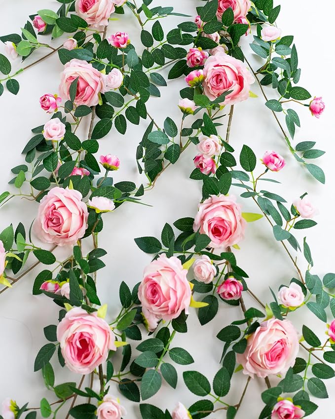 6FT Pink Flower Garland Artificial Rose Vines Hanging Floral Garland for Home Decor Wall Trellis Fence Wall Decoration (Pink 2pcs)