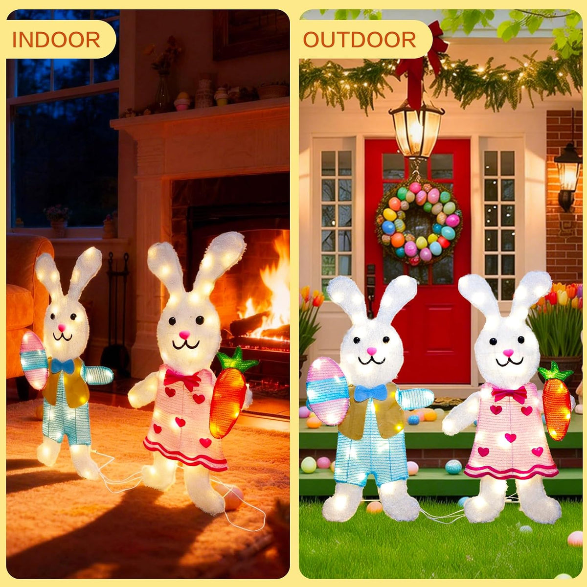 2 Pcs Outdoor Easter Decorations Lighted Bunny with 60 LEDs Warm White Lights, Easy Assembly 2D Easter Decor for Outdoor, Garden, Lawn, Patio