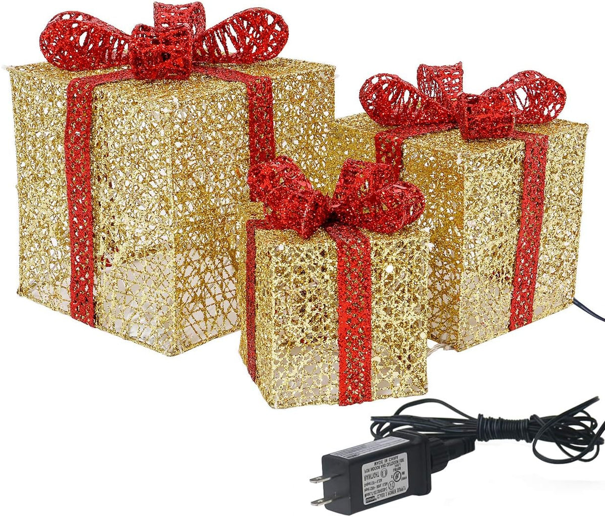 Sunnyglade Set of 3 Christmas Lighted Gift Boxes Xmax Decor 10"/8"/6" Gold